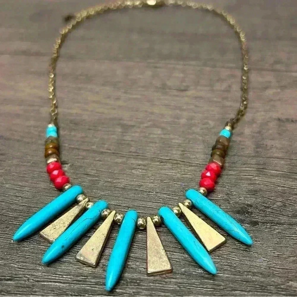 Boho Beaded Turquoise Bronze Red and Wooden Beads Necklace - Picture 3 of 3